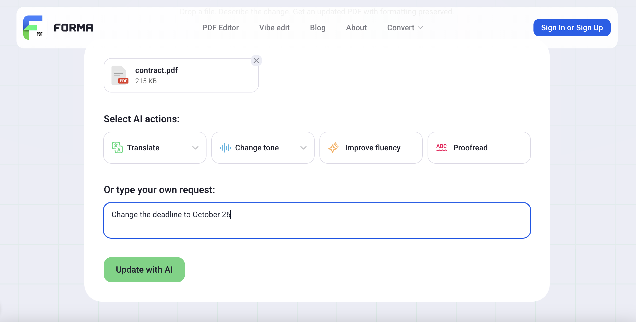 to use vibe edit pdf, choose a default option or type your own prompt